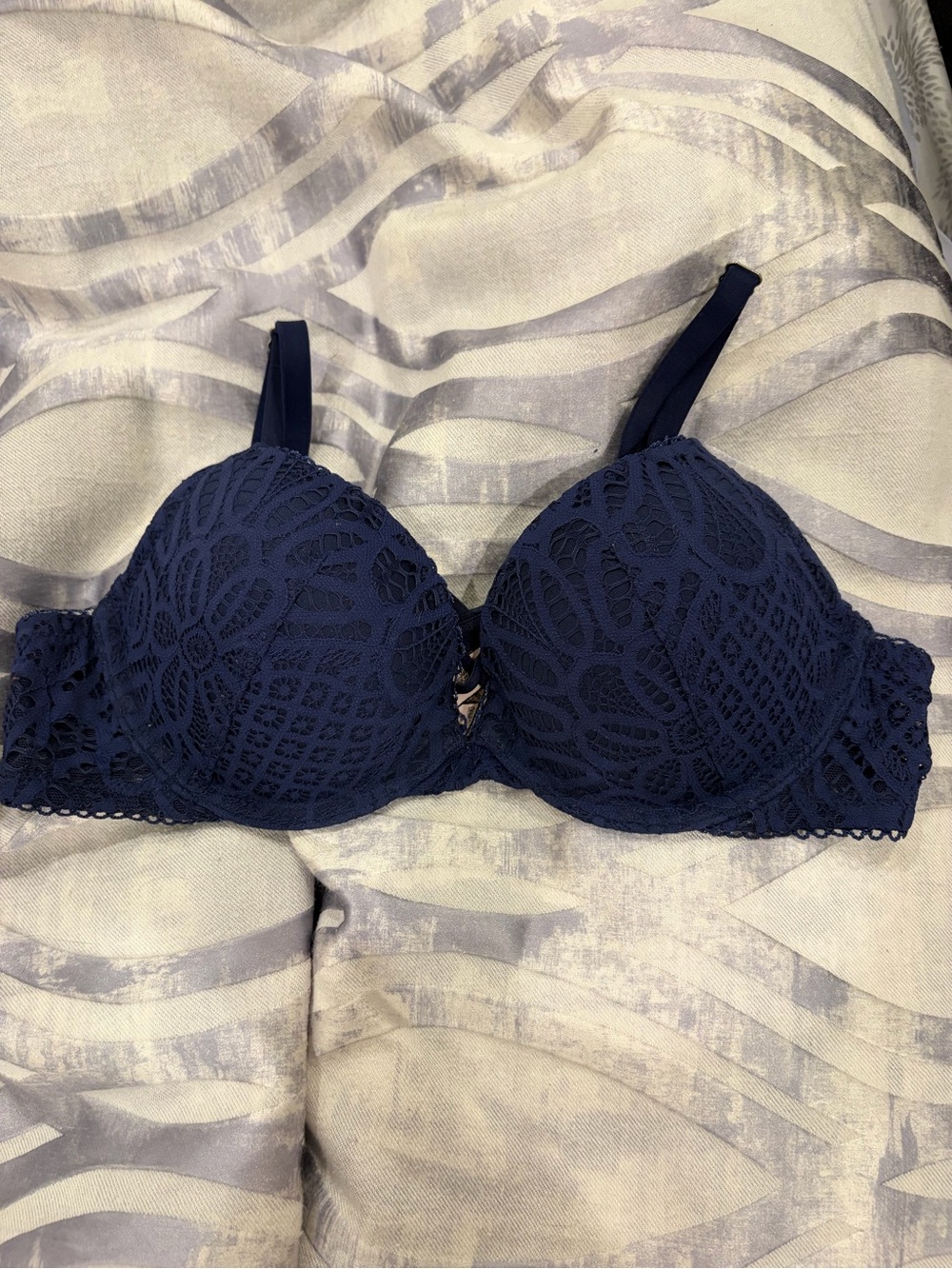 Victoria's Secret Navy Lace Push-Up Bra with Floral Overlay